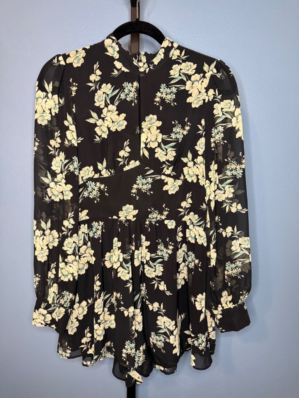 Topshop Black Floral Sheer Long-Sleeve Romper